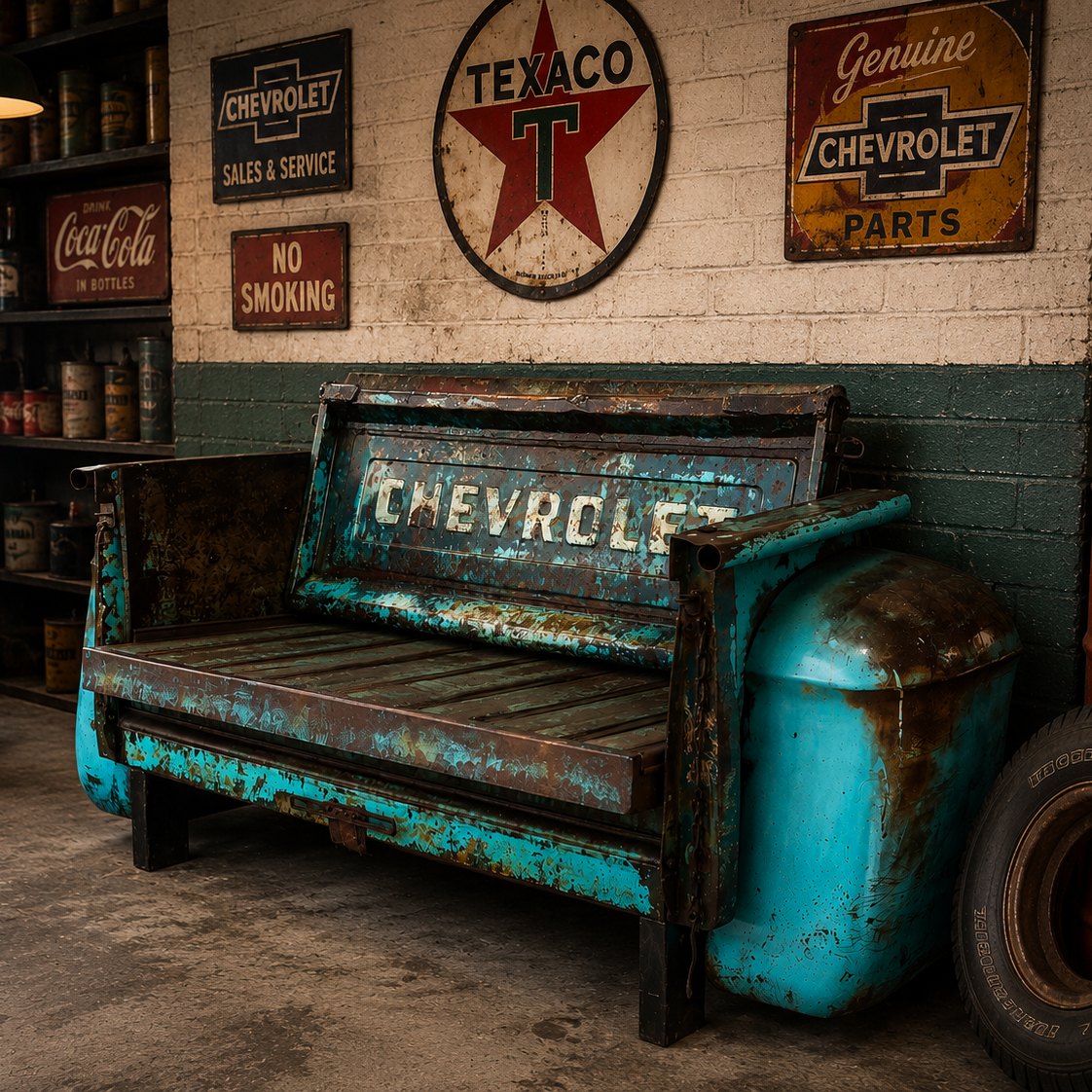 Vintage Chevrolet bench in a garage with automotive-themed decor