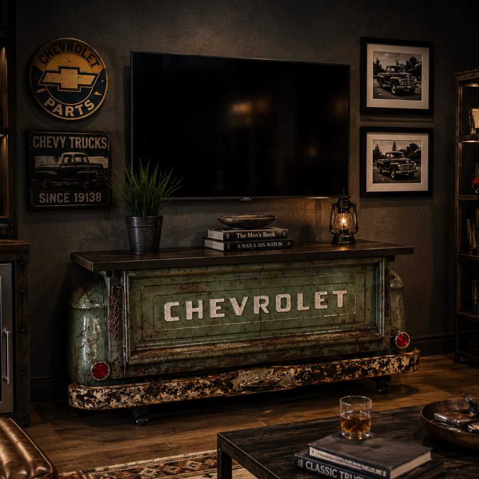 Vintage Chevrolet truck serving as a coffee table in a dimly lit room with decor and books.